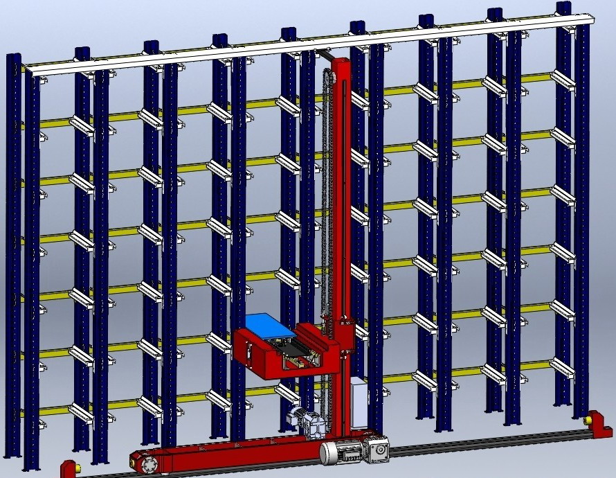 三次元倉庫、スタッカークレーン設計,3D warehouse, stacker crane design by Solidworks